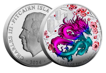 Pitcairm 2024 - Lunar Year of the Dragon Ag999 1 oz Proof Colour