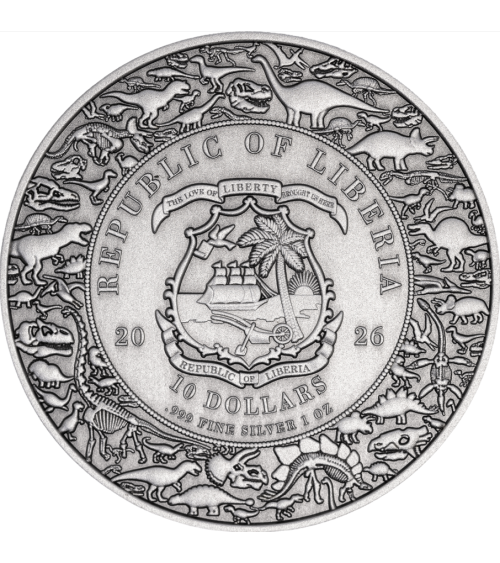 Liberia 2026 - Velociraptor - Jurassic Life Ag999 1oz UHR Antiqued