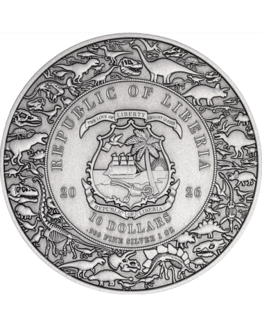 Liberia 2026 - Velociraptor - Jurassic Life Ag999 1oz UHR Antiqued