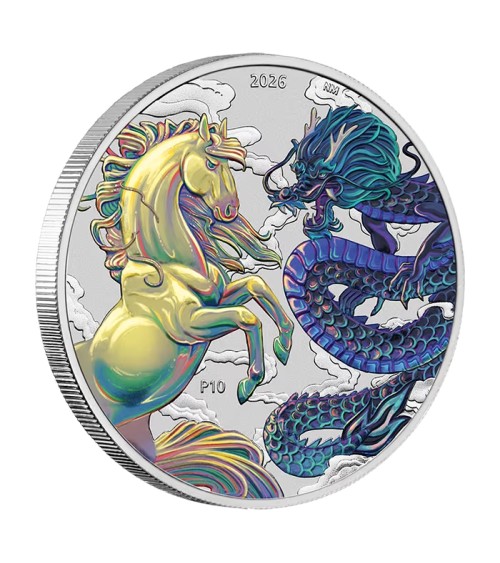 Australia 2026 - Chinese Myths and Legends - Dragon and Horse Opalite Ag999.9 1 oz Coloured in Card