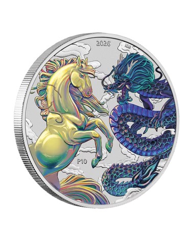 Australia 2026 - Chinese Myths and Legends - Dragon and Horse Opalite Ag999.9 1 oz Coloured in Card