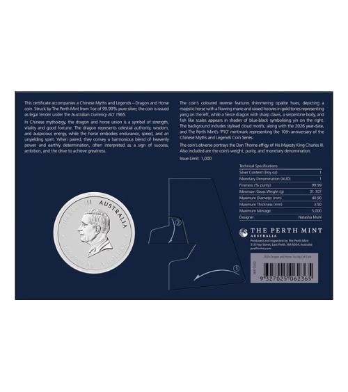 Australia 2026 - Chinese Myths and Legends - Dragon and Horse Opalite Ag999.9 1 oz Coloured in Card