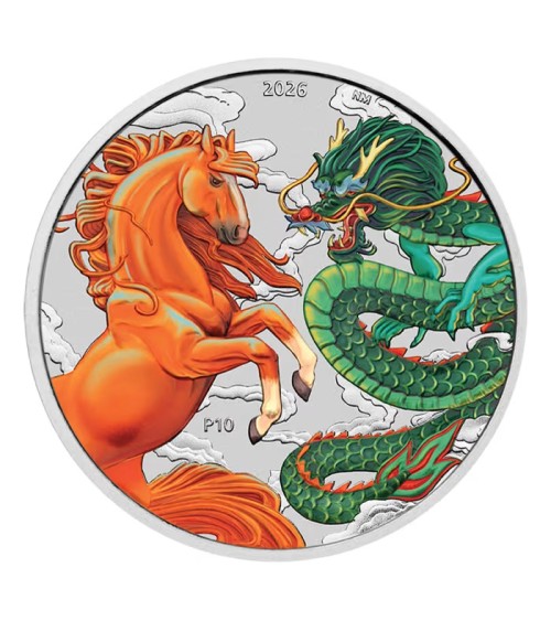 Australia 2026 - Chinese Myths and Legends - Dragon and Horse Fire and Earth Ag999.9 1 oz Coloured