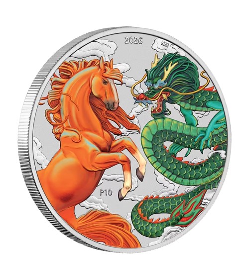 Australia 2026 - Chinese Myths and Legends - Dragon and Horse Fire and Earth Ag999.9 1 oz Coloured in Card