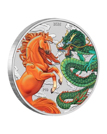 Australia 2026 - Chinese Myths and Legends - Dragon and Horse Fire and Earth Ag999.9 1 oz Coloured in Card