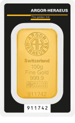 Złota sztabka Au999,9 Heraeus / Argor-Heraeus 100g - bita