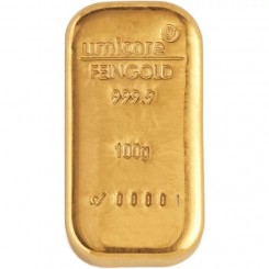 Gold bar Au999.9 Umicore - 100 g cast bar