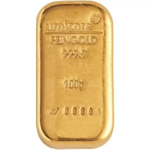 Gold bar Au999.9 Umicore - 100 g cast bar